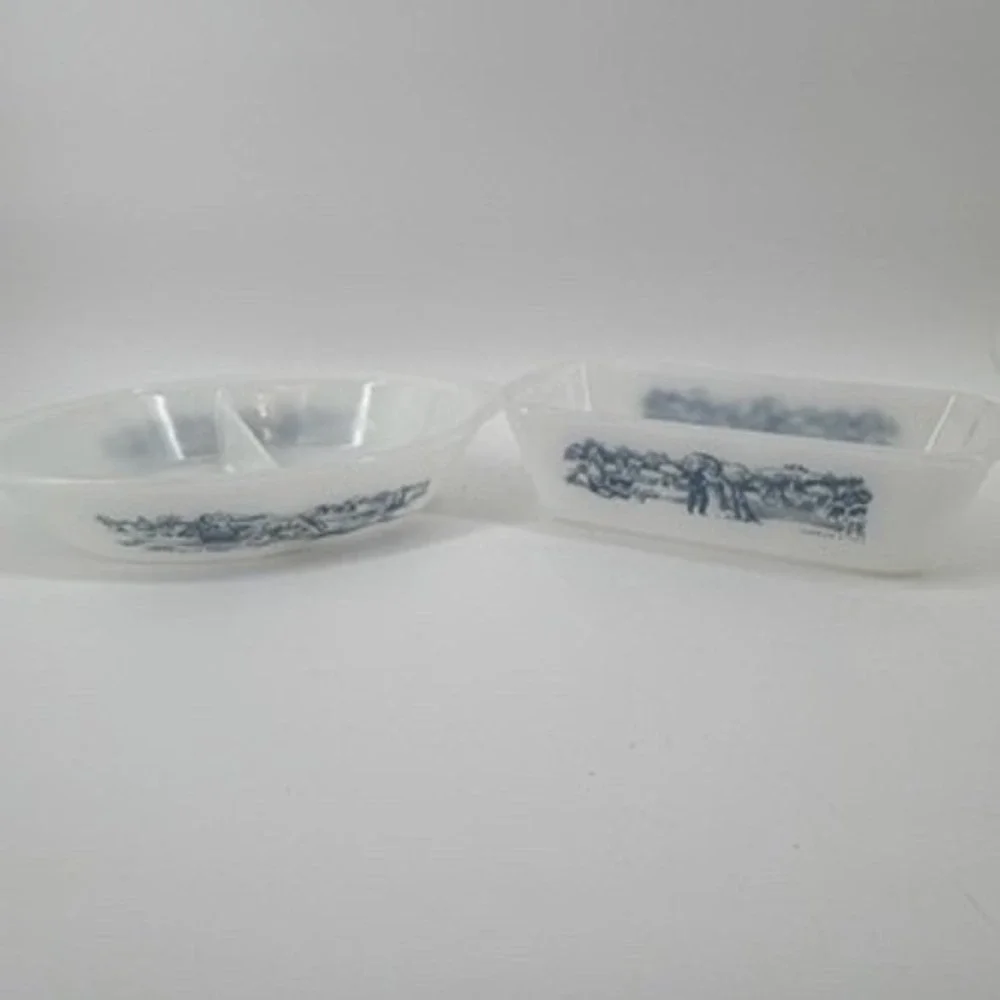 Vintage Currier Ives Milk Glass Blue Scenic Farm Loaf Pan Divided Casserole Dish